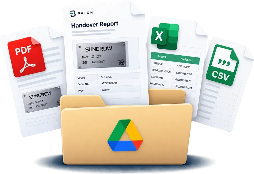 A handover pack: a branded PDF report, an Excel workbook and a CSV, filed together in a Google Drive folder.