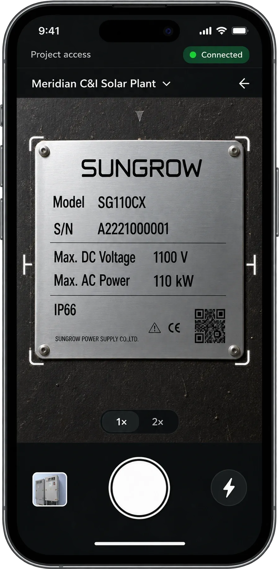 The Baton capture app open on a phone, framing a Sungrow inverter nameplate in the viewfinder.