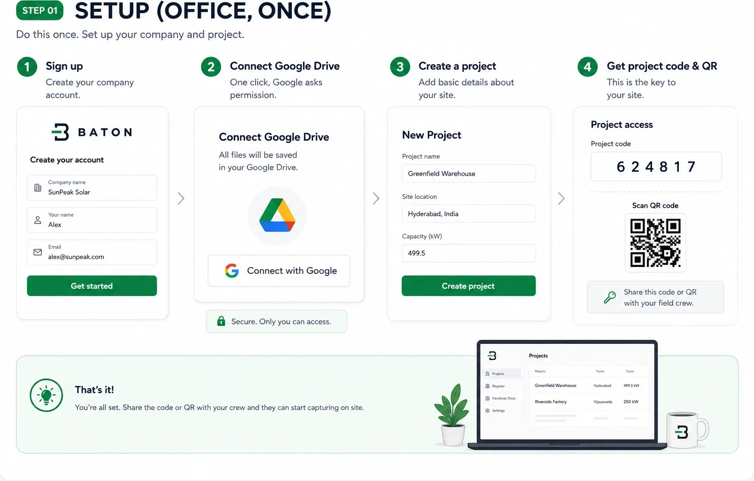 Step one: sign up, connect Google Drive, create a project with name, site location and capacity, and get the project code and QR to share with the crew.
